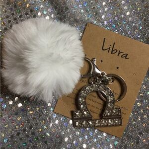 White Pom Pom Sliver Keychain with Libra Charm